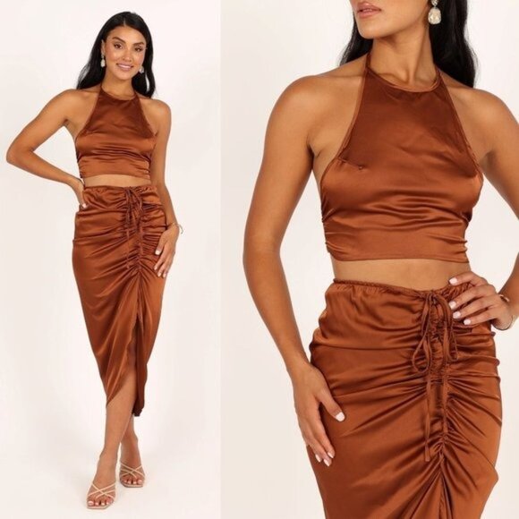 Mable x Petal & Pup NEW Angelique Open Back Satin Cognac Matching Set Size M - Picture 1 of 13